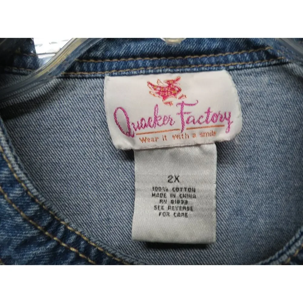 Quacker Factory Plus Size 2X Denim Jacket with Rhinestones Zip Up Jean Jacket